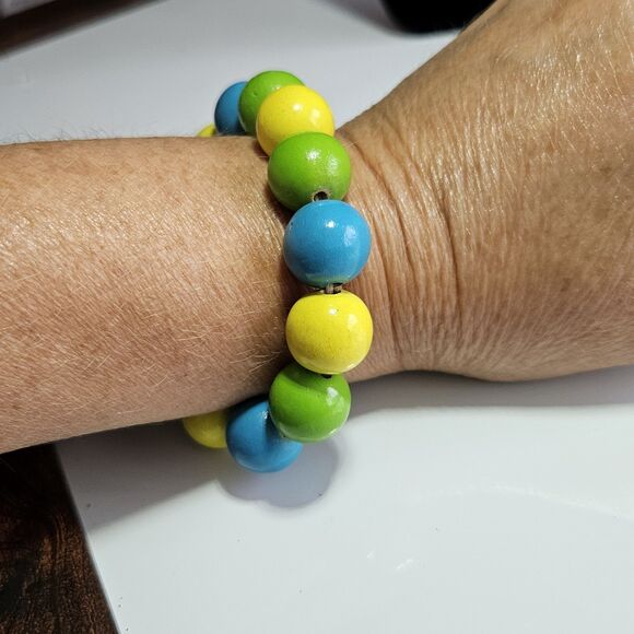 Yellow, Blue Green Silver Tone Matching Wood Beaded Earrings Bracelet Set 7.25" - Picture 7 of 16